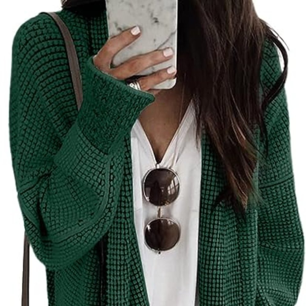 Dark Green  Long Sleeve Open Front Cardigan Oversized Chunky Knit Sweater